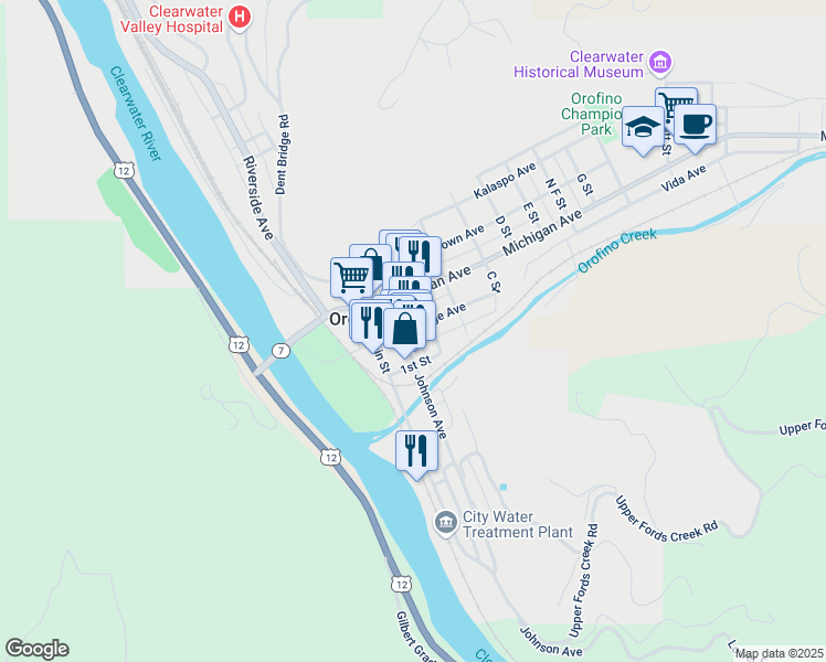 map of restaurants, bars, coffee shops, grocery stores, and more near 219 College Avenue in Orofino