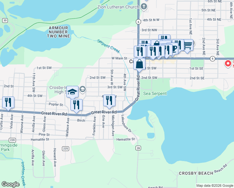 map of restaurants, bars, coffee shops, grocery stores, and more near 407 4th Street Southwest in Crosby