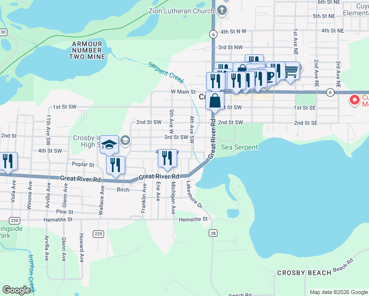 map of restaurants, bars, coffee shops, grocery stores, and more near 407 4th St SW in Crosby