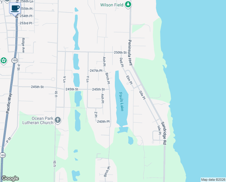 map of restaurants, bars, coffee shops, grocery stores, and more near 24420 Birch Place in Ocean Park