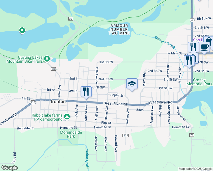 map of restaurants, bars, coffee shops, grocery stores, and more near 1001 4th Street Southwest in Crosby