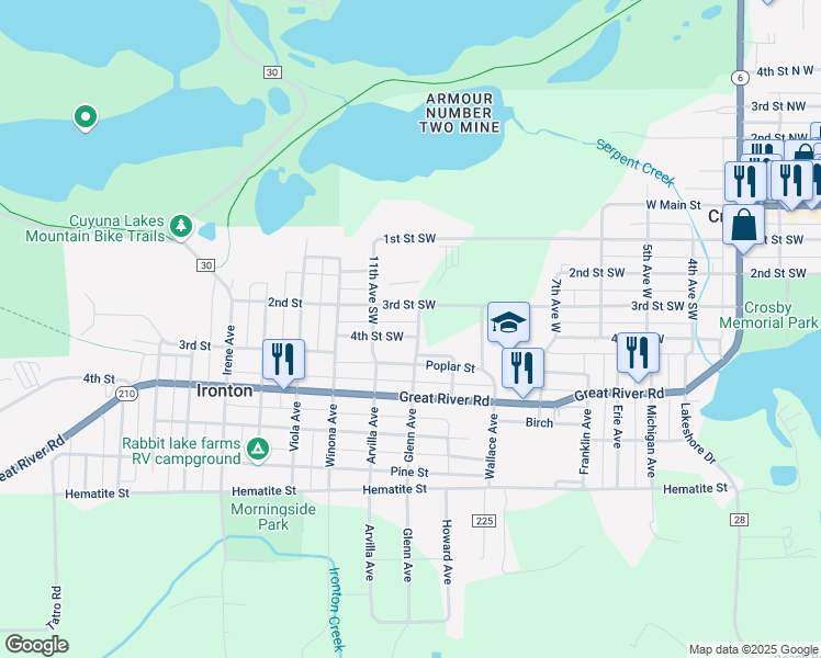 map of restaurants, bars, coffee shops, grocery stores, and more near 1001 4th St SW in Crosby