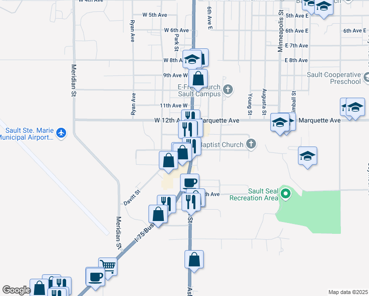 map of restaurants, bars, coffee shops, grocery stores, and more near 2201-2255 Ashmun Street in Sault Ste. Marie