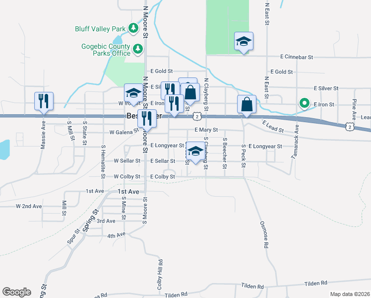 map of restaurants, bars, coffee shops, grocery stores, and more near 201-299 E Longyear St in Bessemer