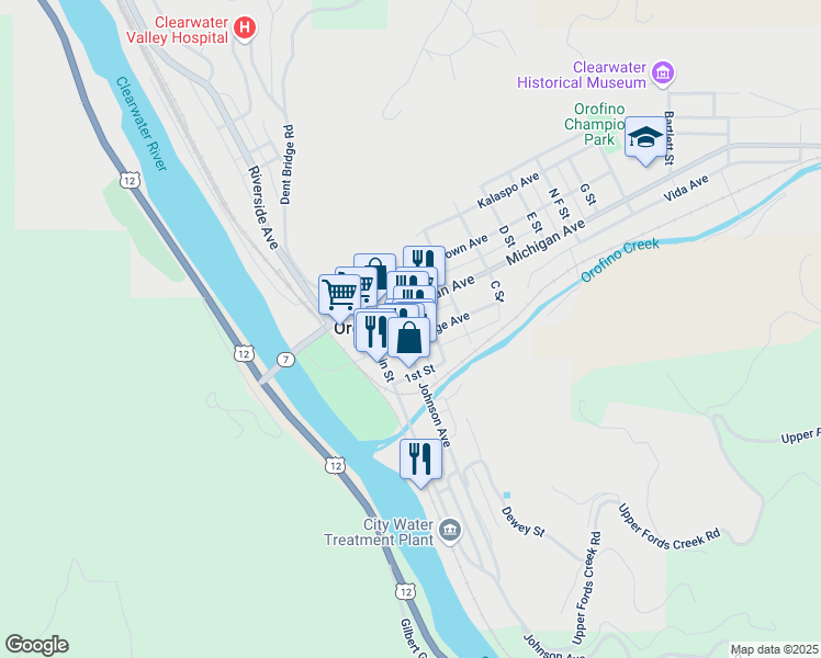 map of restaurants, bars, coffee shops, grocery stores, and more near 219 College Avenue in Orofino