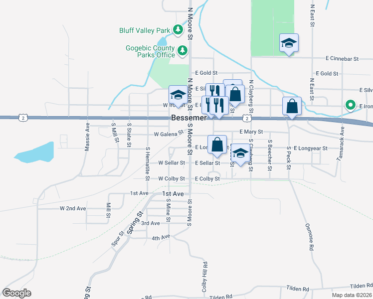 map of restaurants, bars, coffee shops, grocery stores, and more near 300-398 South Moore Street in Bessemer