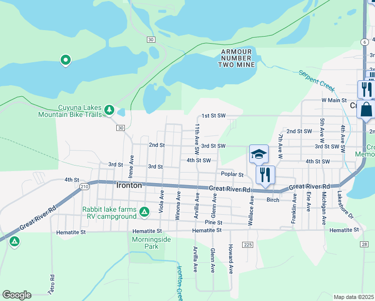 map of restaurants, bars, coffee shops, grocery stores, and more near 1110 3rd Street Southwest in Crosby