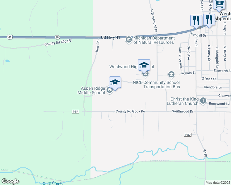 map of restaurants, bars, coffee shops, grocery stores, and more near 350 Aspen Ridge School Road in Ishpeming