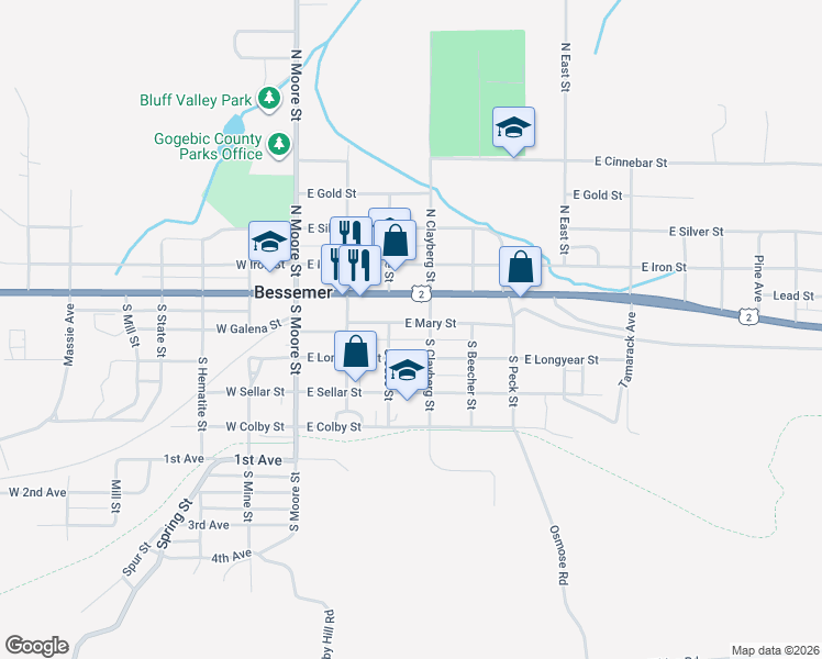 map of restaurants, bars, coffee shops, grocery stores, and more near 300-398 East Mary Street in Bessemer