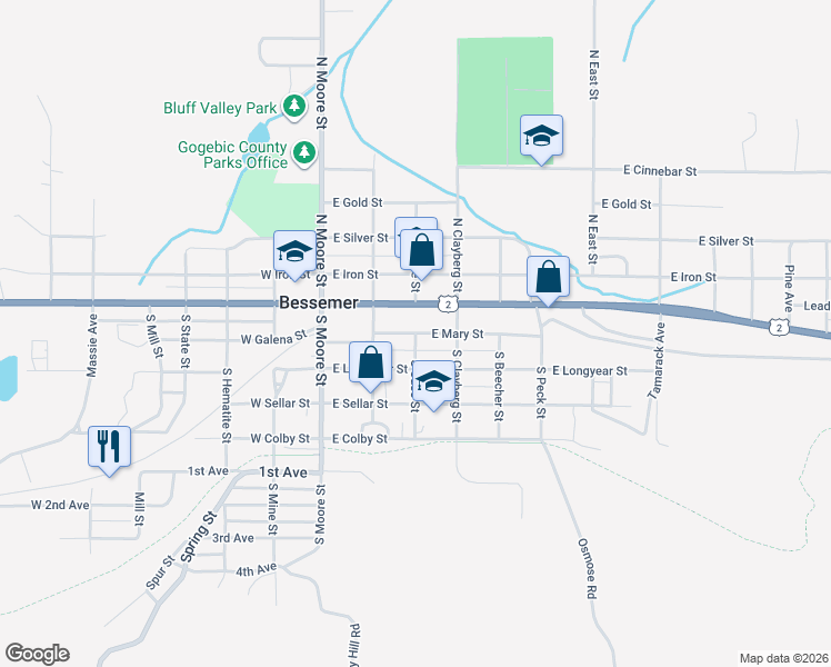 map of restaurants, bars, coffee shops, grocery stores, and more near 300 East Mary Street in Bessemer