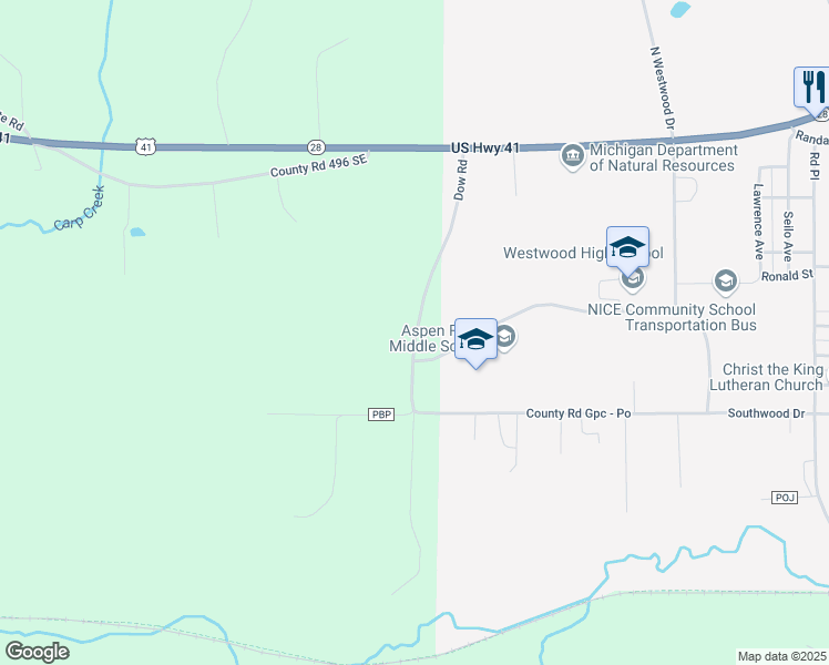 map of restaurants, bars, coffee shops, grocery stores, and more near 350 Aspen Ridge School Road in Ishpeming