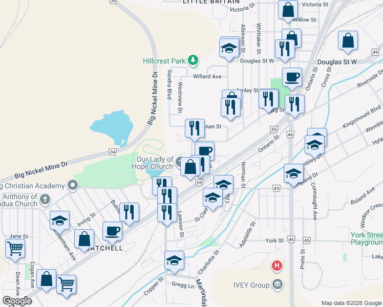 map of restaurants, bars, coffee shops, grocery stores, and more near Byng Street in Sudbury