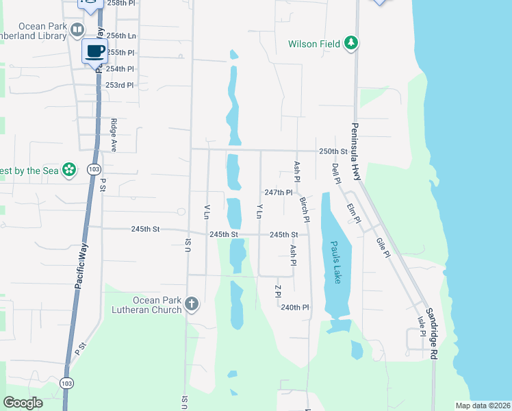 map of restaurants, bars, coffee shops, grocery stores, and more near 24609 Y Lane in Ocean Park