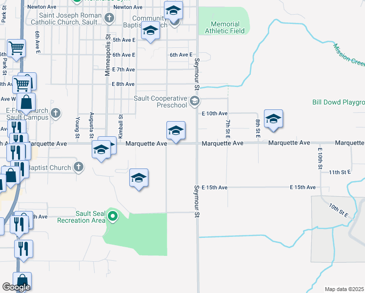 map of restaurants, bars, coffee shops, grocery stores, and more near 904 Marquette Avenue in Sault Ste. Marie
