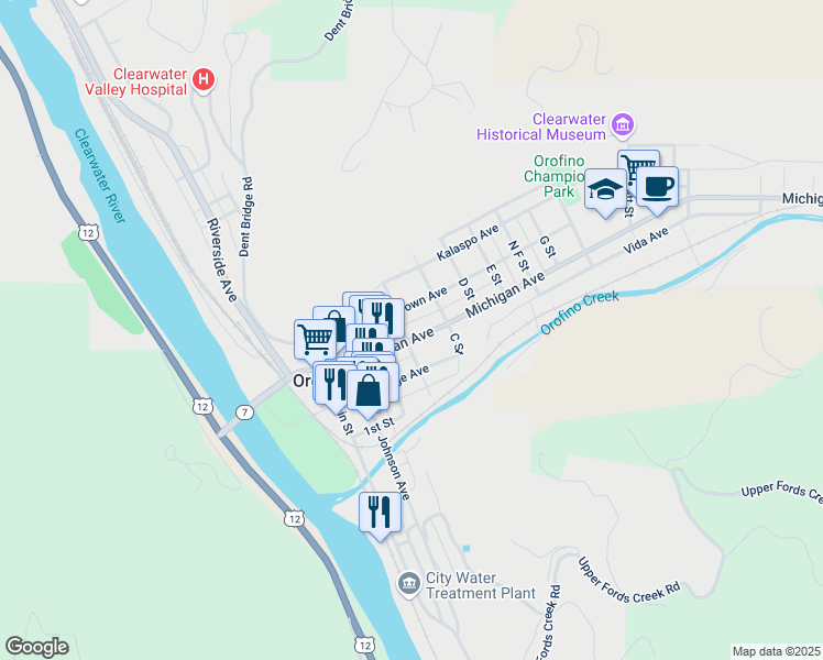 map of restaurants, bars, coffee shops, grocery stores, and more near 410 Michigan Avenue in Orofino