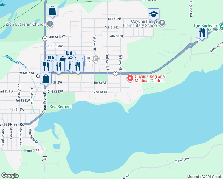 map of restaurants, bars, coffee shops, grocery stores, and more near 209 2nd Street Southeast in Crosby