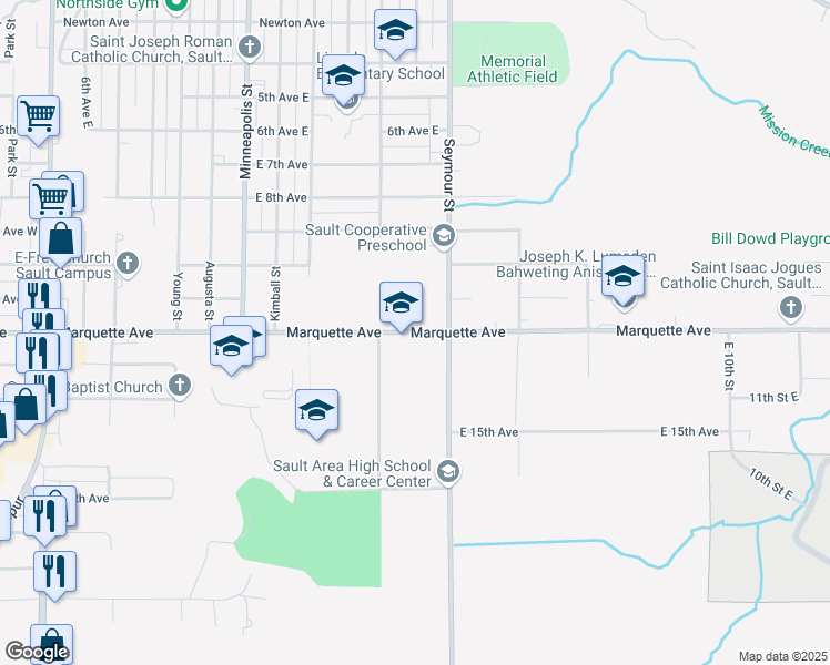 map of restaurants, bars, coffee shops, grocery stores, and more near 904 Marquette Avenue in Sault Ste. Marie