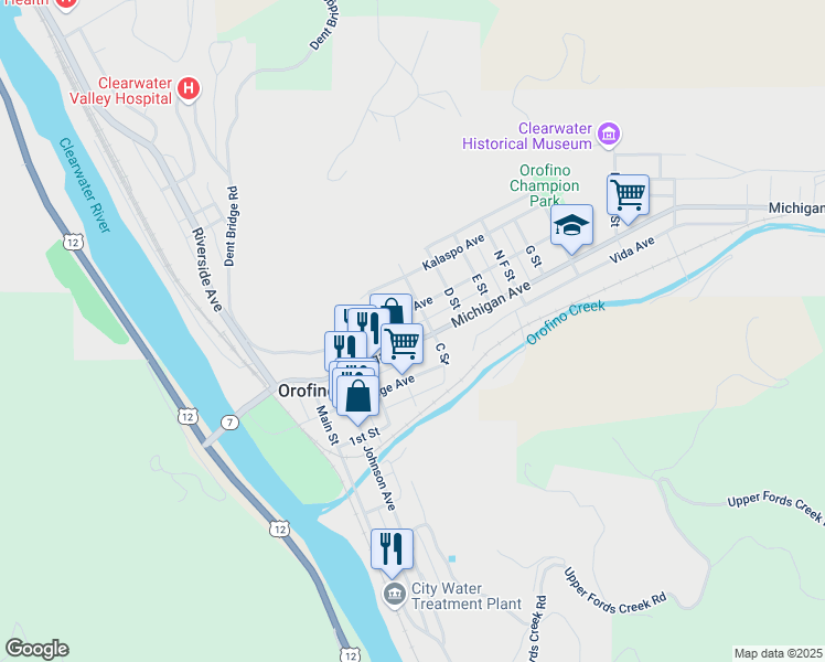 map of restaurants, bars, coffee shops, grocery stores, and more near 410 Michigan Avenue in Orofino
