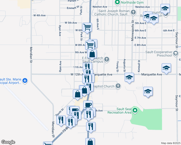 map of restaurants, bars, coffee shops, grocery stores, and more near 2104 Ashmun Street in Sault Ste. Marie