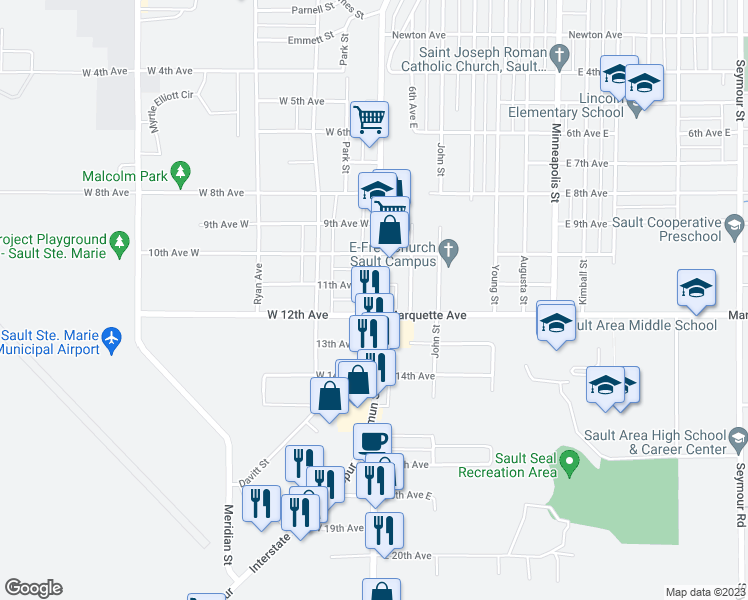 map of restaurants, bars, coffee shops, grocery stores, and more near 1910 Ashmun Street in Sault Ste. Marie