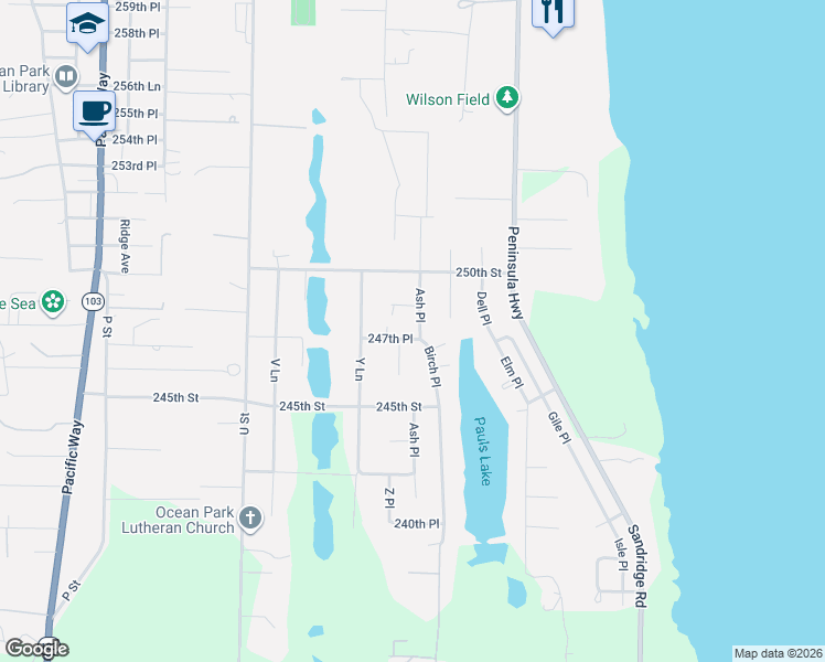 map of restaurants, bars, coffee shops, grocery stores, and more near 24909 Birch Place in Ocean Park