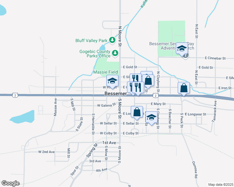 map of restaurants, bars, coffee shops, grocery stores, and more near 100 West Lead Street in Bessemer