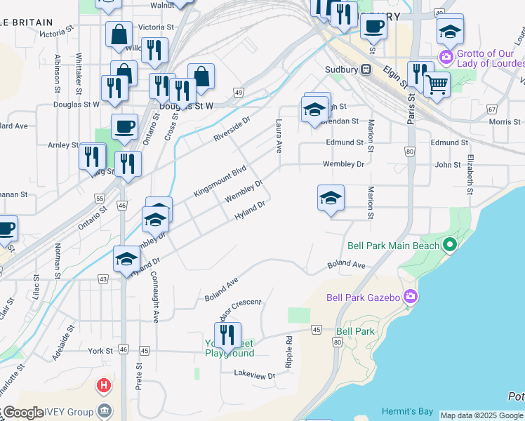 map of restaurants, bars, coffee shops, grocery stores, and more near 91 Hyland Drive in Sudbury