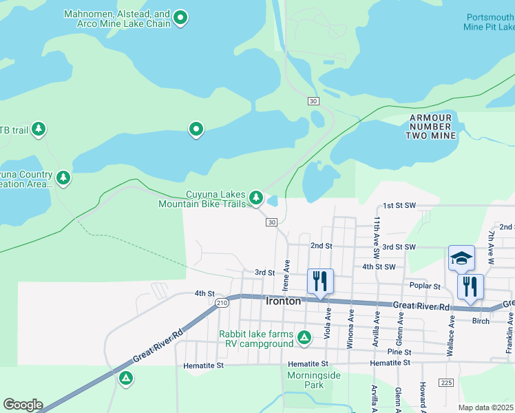 map of restaurants, bars, coffee shops, grocery stores, and more near 12497 County Road 30 in Ironton