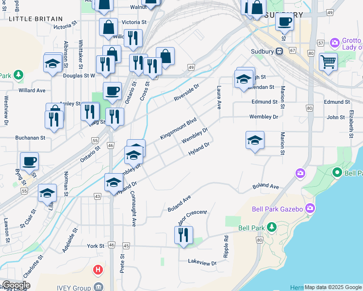 map of restaurants, bars, coffee shops, grocery stores, and more near 261 Wembley Drive in Sudbury