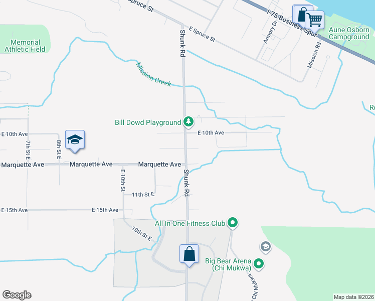 map of restaurants, bars, coffee shops, grocery stores, and more near 1700-1712 East 11th Avenue in Sault Ste. Marie