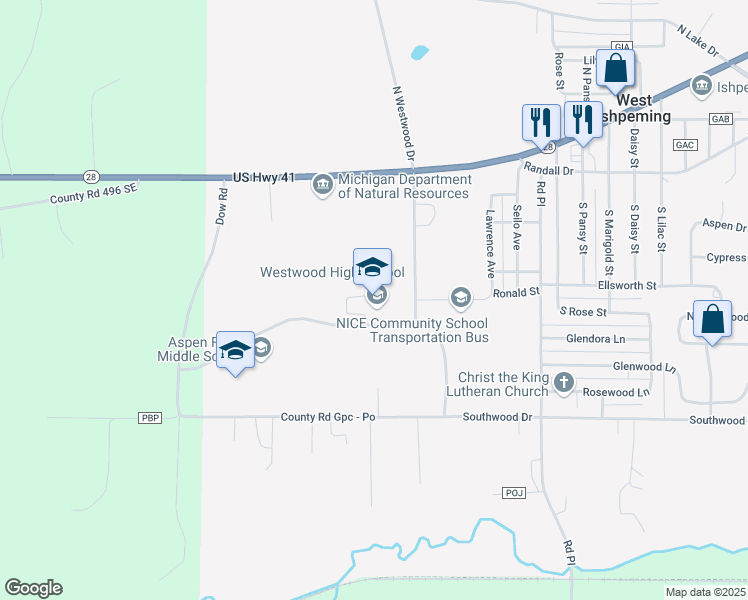 map of restaurants, bars, coffee shops, grocery stores, and more near 300 Westwood Drive in Ishpeming