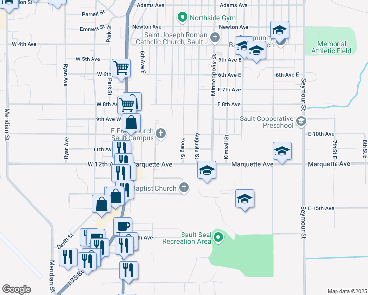 map of restaurants, bars, coffee shops, grocery stores, and more near 1698 Augusta Street in Sault Ste. Marie