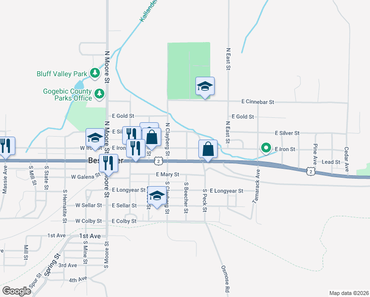 map of restaurants, bars, coffee shops, grocery stores, and more near 498 E Iron St in Bessemer
