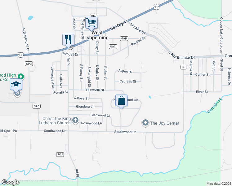 map of restaurants, bars, coffee shops, grocery stores, and more near 1701-1705 Ellsworth Street in Ishpeming