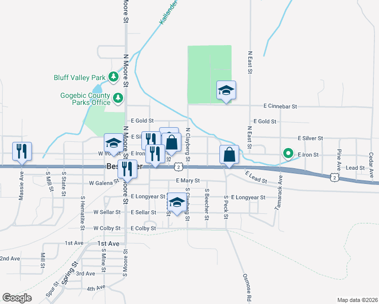 map of restaurants, bars, coffee shops, grocery stores, and more near 400-498 E Iron St in Bessemer