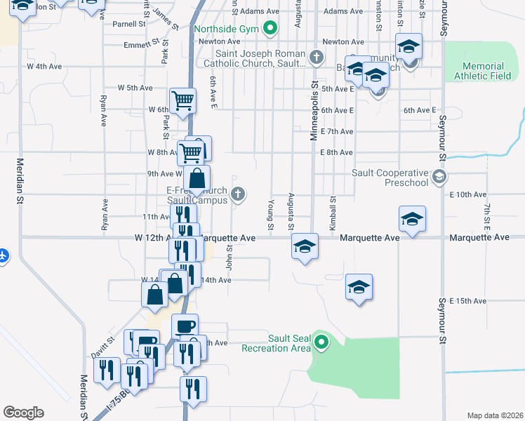 map of restaurants, bars, coffee shops, grocery stores, and more near 1700-1798 Young Street in Sault Ste. Marie