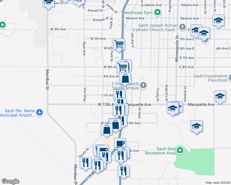 map of restaurants, bars, coffee shops, grocery stores, and more near 1910 Ashmun Street in Sault Ste. Marie