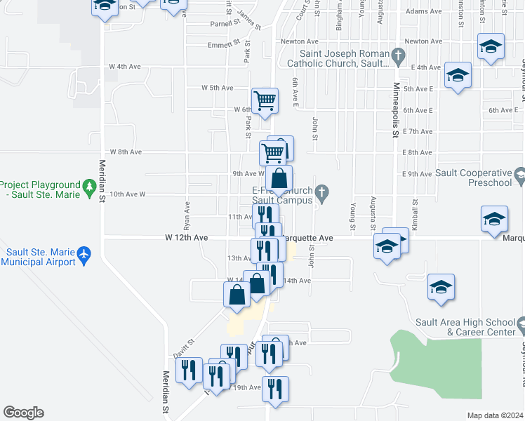 map of restaurants, bars, coffee shops, grocery stores, and more near 1910 Ashmun Street in Sault Ste. Marie