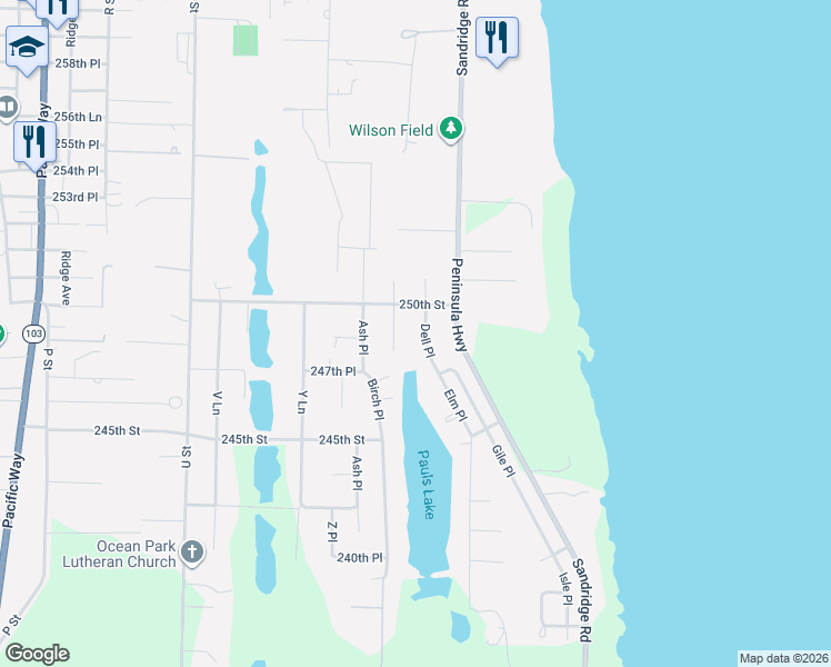 map of restaurants, bars, coffee shops, grocery stores, and more near 24814 Dell Place in Ocean Park