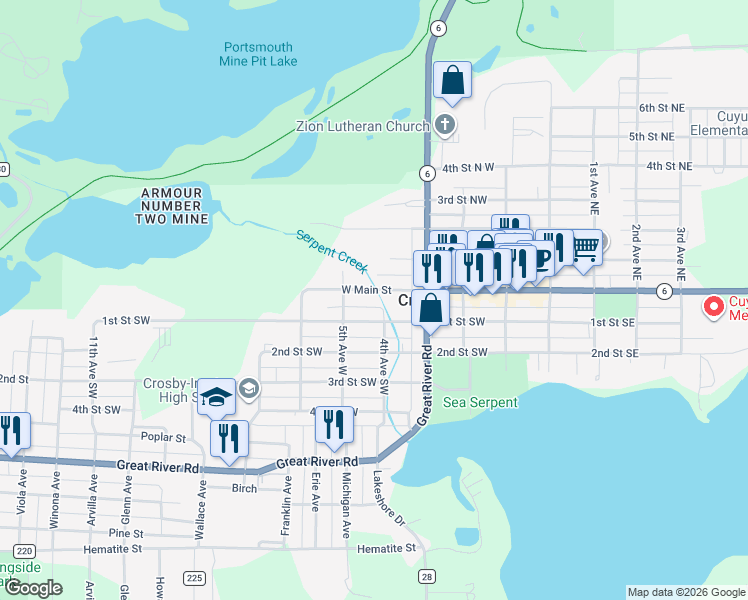 map of restaurants, bars, coffee shops, grocery stores, and more near 504 W Main St in Crosby