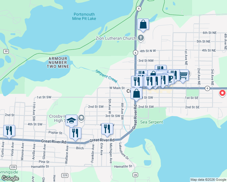 map of restaurants, bars, coffee shops, grocery stores, and more near 504 West Main Street in Crosby