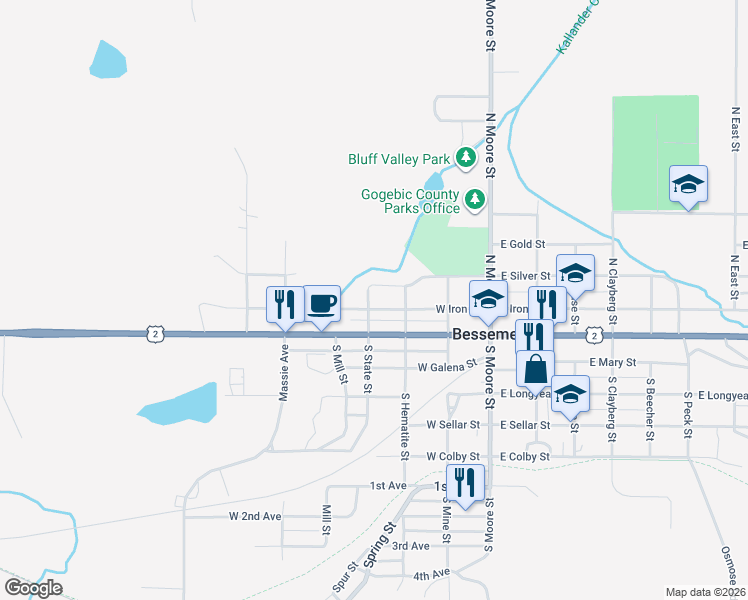 map of restaurants, bars, coffee shops, grocery stores, and more near 312 West Iron Street in Bessemer