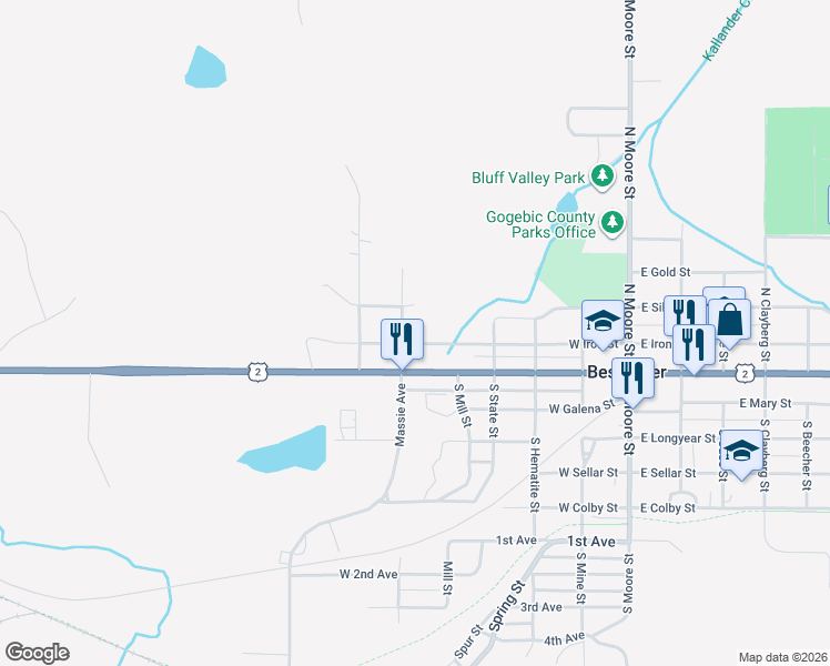 map of restaurants, bars, coffee shops, grocery stores, and more near 312-702 West Iron Street in Bessemer