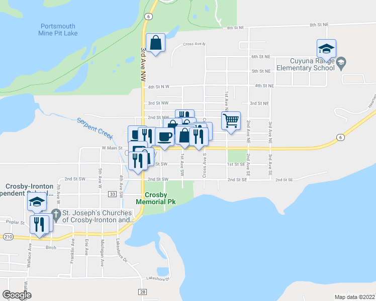 map of restaurants, bars, coffee shops, grocery stores, and more near 26 West Main Street in Crosby