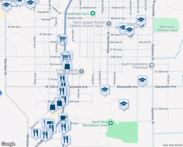 map of restaurants, bars, coffee shops, grocery stores, and more near 1700 Young Street in Sault Ste. Marie