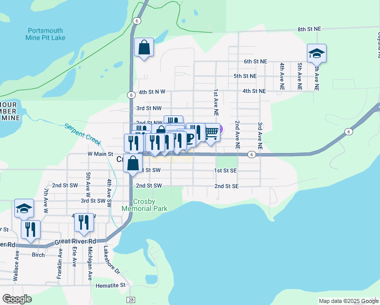 map of restaurants, bars, coffee shops, grocery stores, and more near 1 West Main Street in Crosby