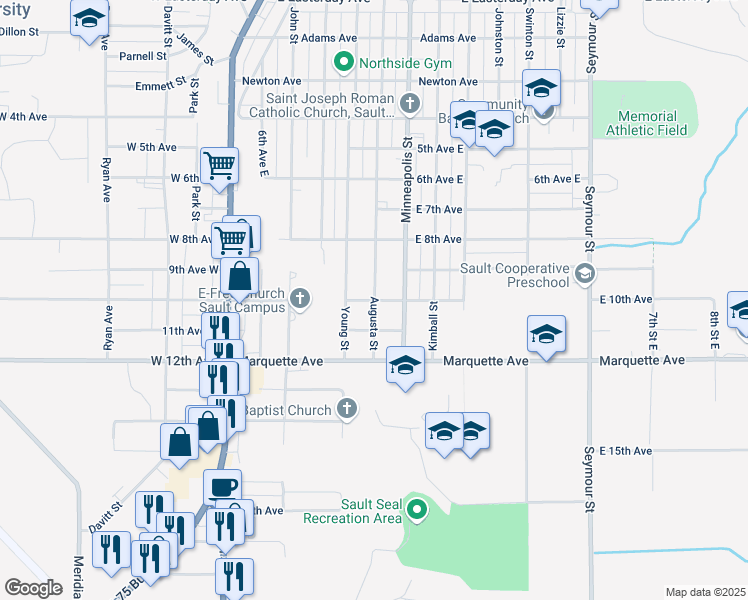 map of restaurants, bars, coffee shops, grocery stores, and more near 1698 Augusta Street in Sault Ste. Marie