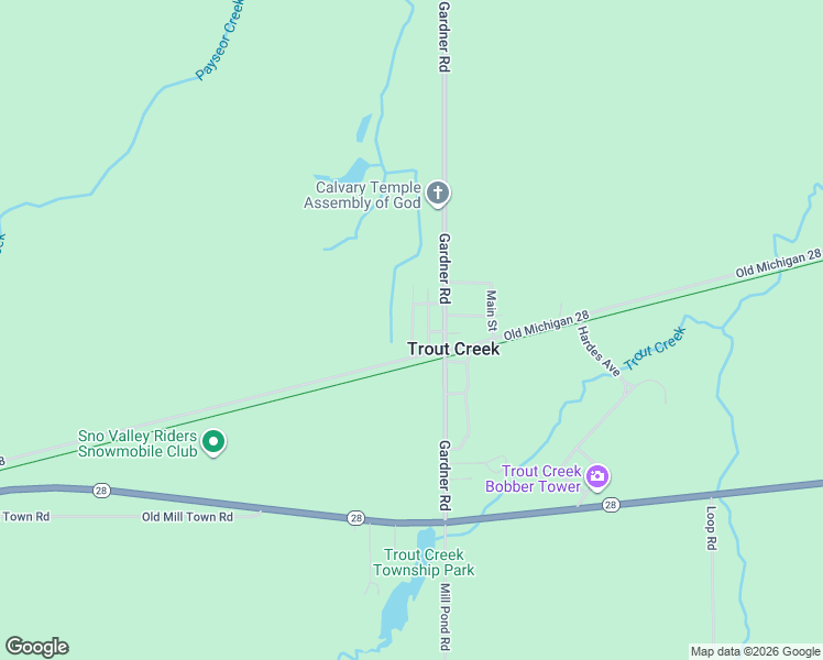 map of restaurants, bars, coffee shops, grocery stores, and more near Old Michigan 28 in Trout Creek
