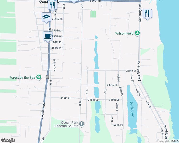 map of restaurants, bars, coffee shops, grocery stores, and more near 2214 250th Street in Ocean Park