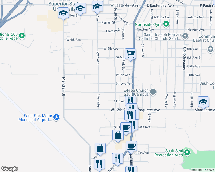 map of restaurants, bars, coffee shops, grocery stores, and more near 231-299 9th Avenue West in Sault Ste. Marie